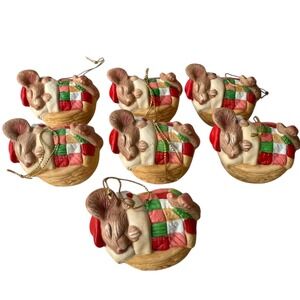 VTG Set of 7 Ceramic Current Critters Nutshell Sleeping Mice Christmas Ornaments